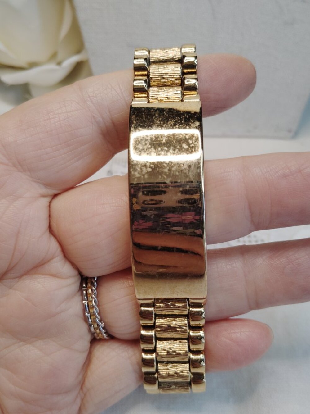 Vintage Gold‑Tone Rolex‑Style Link Bracelet • Fold‑Over Clasp • 2.5" - Picture 2 of 11